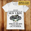 Personalized Never Underestimate An Old Lady Who Loves Motorcycles And Tattoos Birthday Shirt